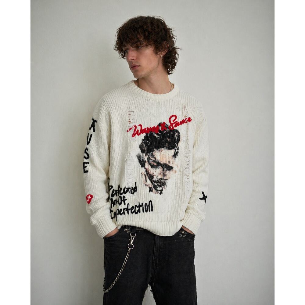 Waves & Sauce Distressed Graphic Sweater Warped Sense Punk Art Knit XL
